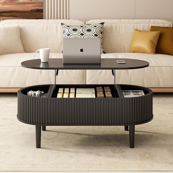 Ludatido 39 Inch Lift Top Coffee Table with 3 Storage for Living Room, Oval Coffee Table with Hidden Compartment, Fully Wooden Center Easy to Assembled for Home Living Room Office Black