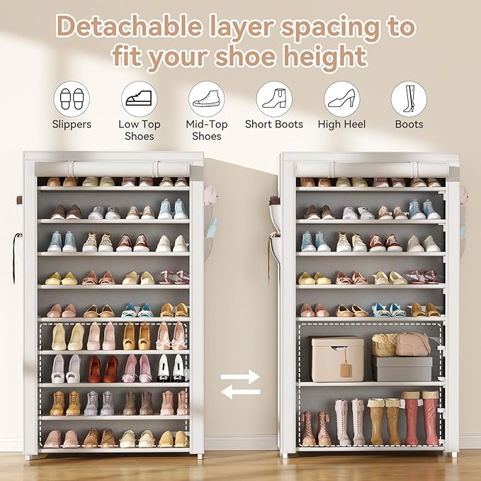 Shoe Rack with Covers 10 Tier Tall Shoe Rack Organizer Large Capacity Shoe Shelf Storage 40 Pairs Space Saving Free Standing Shoe Storage Organizer for Closet, Entryway, Dorm, White