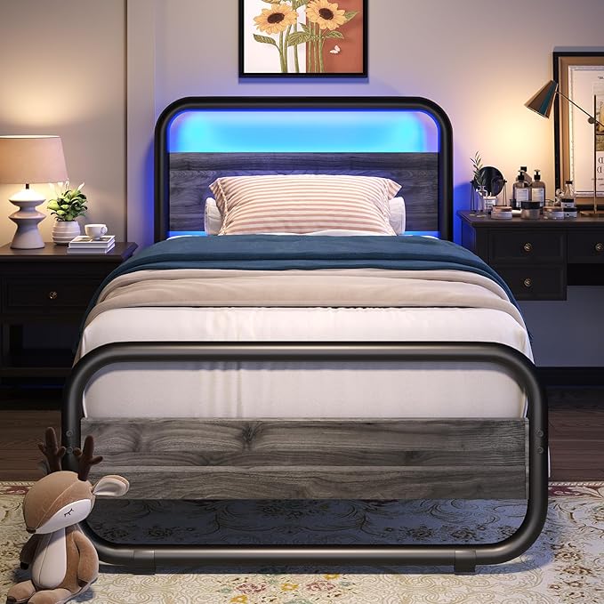 Catrimown Twin Size Bed Frame with LED Light and Wood Headboard, Heavy Duty Metal Rustic Platform Bed Frame with Under Bed Storage, Noise Free, No Box Spring Needed, Wash Gray