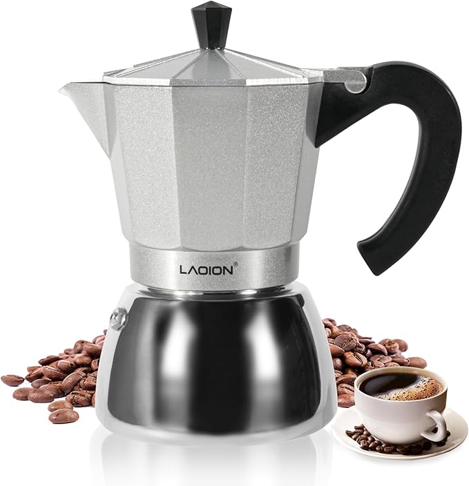 Stovetop Espresso Maker, 6Cup Moka Pot, Espresso Machine Compatible with Induction Cooktops, 300ml Stainless Steel & Aluminum Cuban Coffee Maker for Cafetera Cubana, Silver