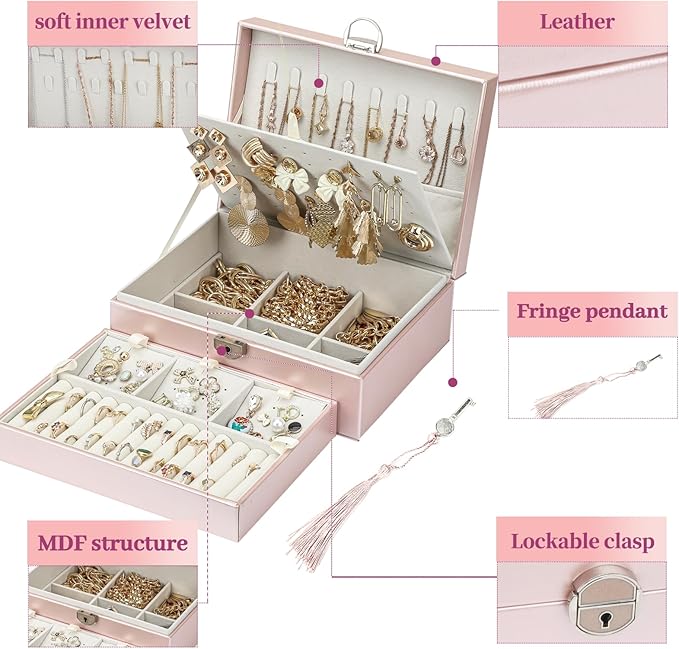 BOOVO Earring Jewelry Box For Women Girl Stud Organizer, 4 Layers Girl Jewelry Organizer Box With Lock Earring Holder Organizer Necklace Ring Jewelry Organizer Box For Girls (Rose Gold, 4 layer)