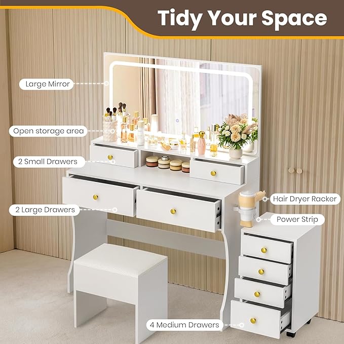 Pamapic Vanity Desk with File Cabinet, 8 Drawers Makeup Vanity with Mirror and Lights,3 Lighting Modes Dressing Table with Chair, Power Outlet, Silent Slides, White