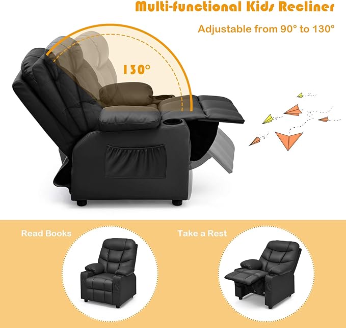 Kids Recliner, Kids Recliner Chair w/ 2 Cup Holders, PU Leather Kids Chairs Compy w/Adjustable Backrest & 3 Pockets, Toddler Furniture Sofa for Boys Girls Aged 3+ (Black)