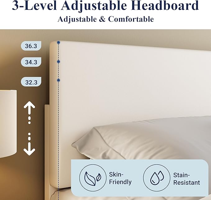 Allewie King Size Bed Frame with Adjustable Headboard, Faux Leather Platform Bed with Wood Slats, Heavy Duty Mattress Foundation, No Box Spring Needed, Noise-Free, Easy Assembly, White