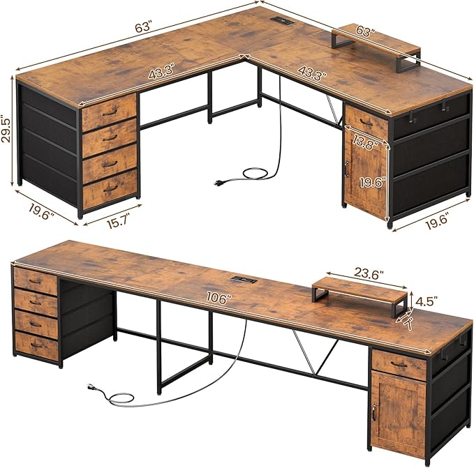 SEDETA L Shaped Desk, 63" Computer Desk with 5 Drawer & Power Outlet, Long Home Office Desk or Corner Desk, L Shaped Corner Desk with Monitor Shelf, Storage Cabinet, Rustic Brown