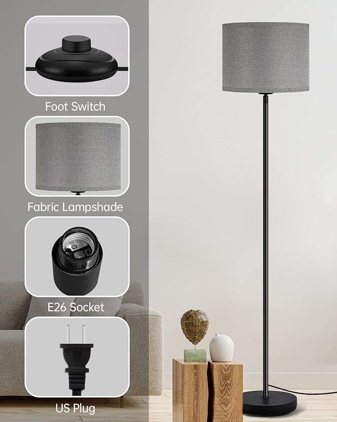 Floor Lamp Standing Lamp, Modern 58" Tall Lamp with Grey Lampshade, Simple Short Floor Lamp for Bedroom, Pedal Switch, Black Small Pole Lamps for Kid Room/Office/Reading Room(E26 Base, NO Bulb)