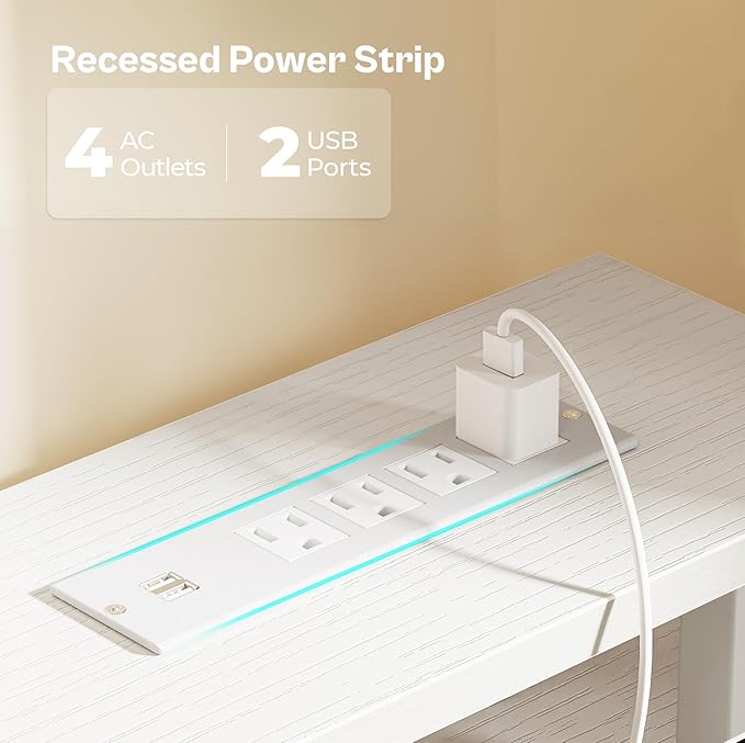 Huuger 55 inch Computer Desk with 4 Drawers, Gaming Desk with LED Lights & Power Outlets, Home Office Desk with Large Storage Space for Bedroom, Work from Home, White