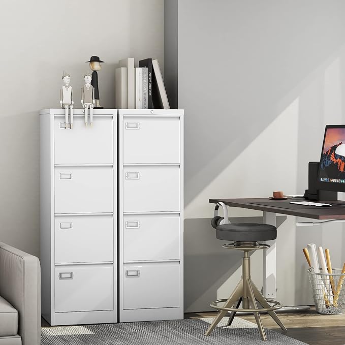 4-Drawer File Cabinet, 16.3" Deep Vertical Filing Cabinet with Lock, Metal File Cabinet for Home Office, Anti-Tip 4 Storage Drawers for Letter/Legal/A4/F4 Size (Assemble Required, White)