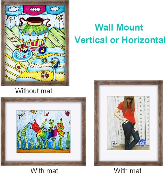 RPJC 11x14 inch Picture Frame Made of Solid Wood and High Definition Glass Display Pictures 8x10 with Mat or 11x14 Without Mat for Wall Mounting Photo Frame Driftwood Finish