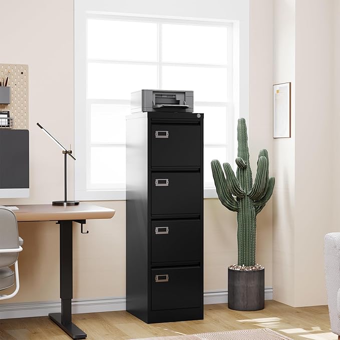 4 Drawer File Cabinet with Lock,Vertical Filing Cabinet for Home Office,Metal File Cabinets with Lock,Storage Files for A4/ Legal/Letter, Require Assembly, (Black)