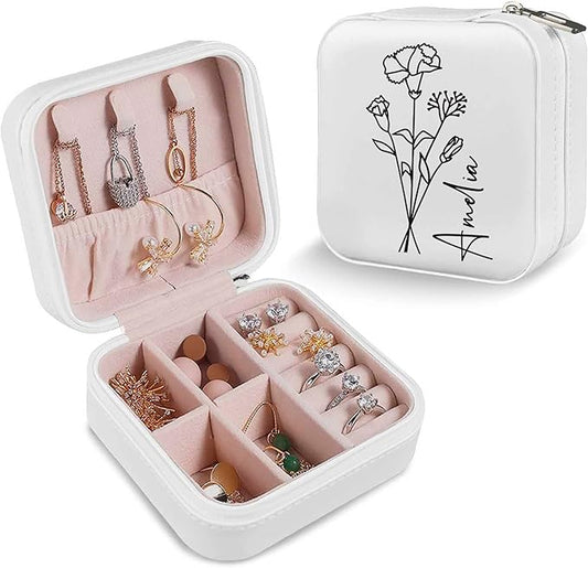 Personalized Jewelry Box, Custom Travel Jewelry Organizer with Birth Flower and Name, Personalized Gifts for Women, Girls, Mother, Wife, Bridesmaid, Custom Gifts for Birthday, Wedding, Anniversary