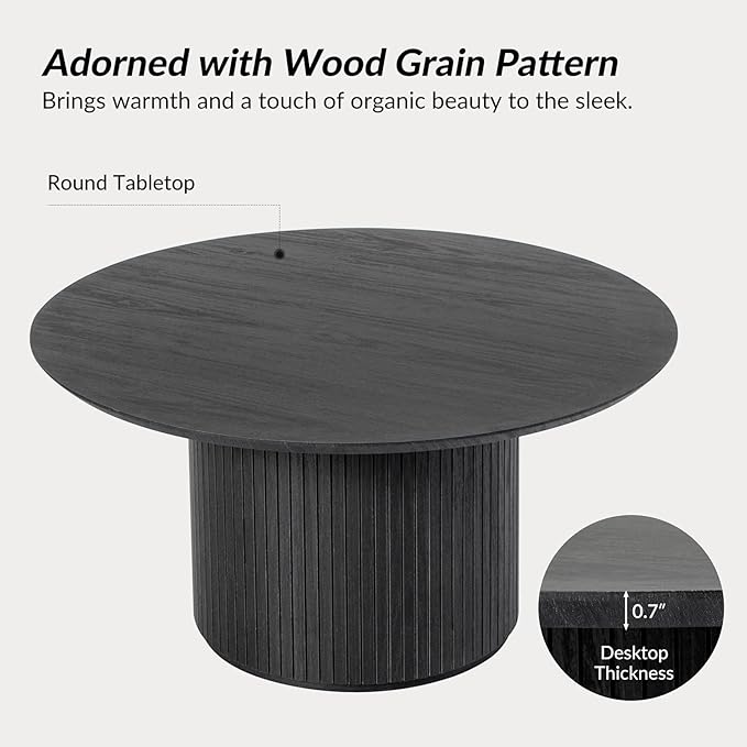 HULALA Home Round Coffee Table, Wood Coffee Table with Vertical Slat Base, Modern Coffee Table for Living Room and Lounge Room, Charcoal