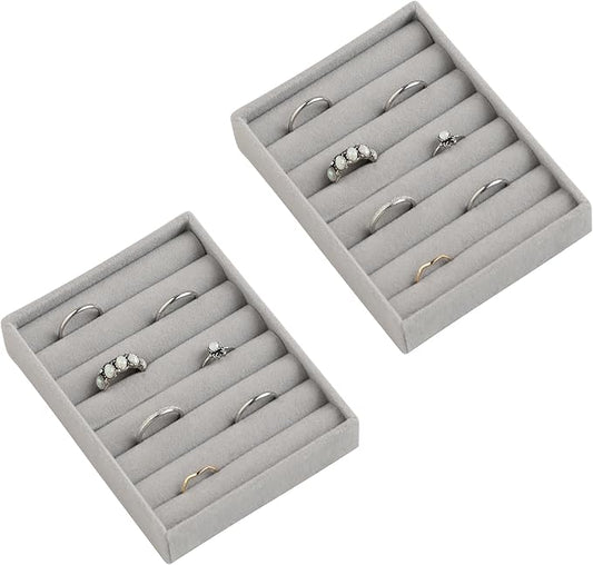 Frebeauty Small Jewelry Tray Set,Velvet Ring Organizer,Stackable Jewelry Organizer Tray,Mini Jewelry Drawer Organizer,4.92 x 3.74 x 0.9 Inches,7 Slots Ring Tray for Women(Set 2,Grey)