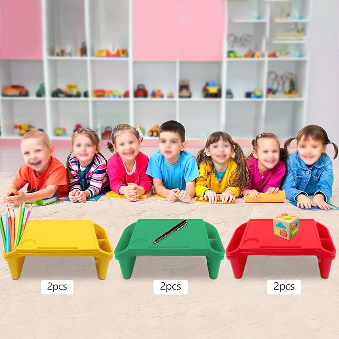 6 Pcs Kids Lap Desk Tray, Plastic Breakfast Lap Desk Trays with Side Pockets and Slot, Portable Lap Table Snack Tray for Eating, Writing, Drawing, Game, 19.69" L x 9.84" W x 7.1" H (3 Colors)