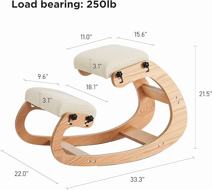 Ergonomic Kneeling Chair,Adjustable Rocking Knee Chair for Home Office,Wooden Office Chair for Back Pain Relief, Beige