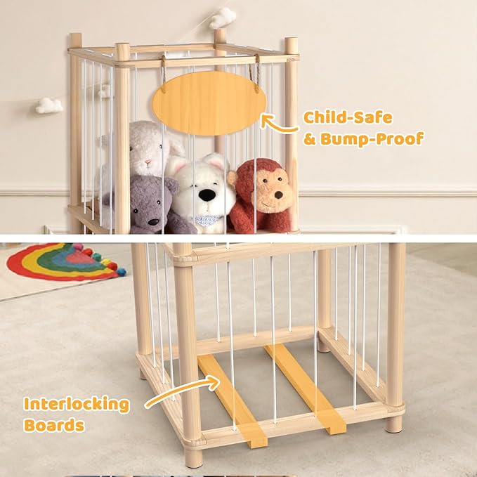 Stuffed Animal Storage Organizer - Thick Wooden Toy Zoo for Playroom & Bedroom, Large Plushies Holder with Cute Jail Cage Design, Plush Toy Display Tower Shelf (Large)