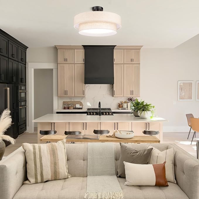 Hamilyeah 20 Inch Semi Flush Mount Round Ceiling Light Fixture, 48W LED With Fabric Shade, Dimmable Drum Double Layer 5CCT for Living Room, Office