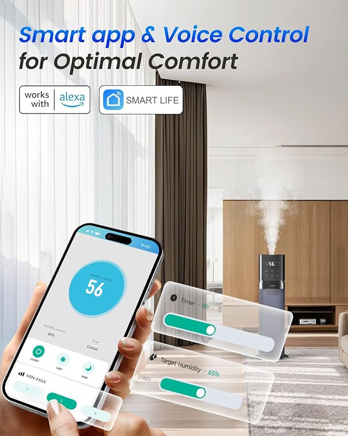 Smart Humidifier Large Room, 2.1Gal/8L Humidifiers for Bedroom with Extended Tube&Night Light, Whole House Cool Mist Humidifiers, WIFI App&Voice Control, School/Office/Warehouse, Dark Blue