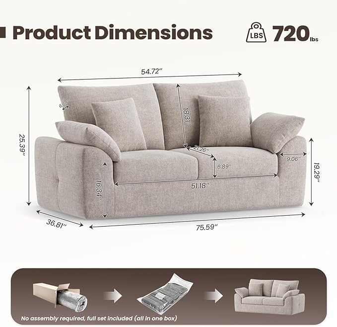76" Boneless Loveseat Sofa, Cloud Foam Couch, 3 Seater Upholstered Midcentury Mondern Love Seat, Wide Armrest and 4 Pillows for Home Living Room/Small Spaces, No Assembly Required, Camel