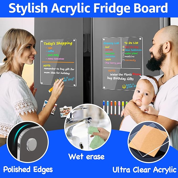 PigPotParty Clear Acrylic Magnetic Whiteboard for Fridge, 2 Pack 9.5"x12" Dry Erase Board Blank Memo Shopping/Grocery to Do List Meal Planner Chore Chart for Adult Teens Kids, w/ 8 Markers & 1 Towel