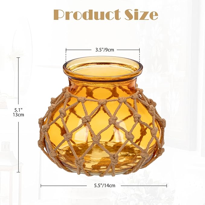 Hollyone Amber Glass Vase with Cotton Rope Cover Woven Round Glass Vase Decorative Flower Bottle Modern Vase for Table Centerpiece Farmhouse Wedding Home Decor