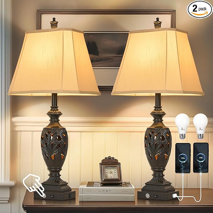 AIDENOEY 29.5" H Touch Traditional Table Lamp Set of 2,Vintage Bedside Nightstand Lamps with Dual USB and Night Light, 3-Color Hollow Out Leafwork Black Gold Finish Desk Lamps for Living Room,Bedroom