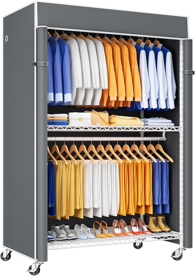 P8C Heavy Duty Clothes Rack（With Extended Width Design） Rolling Clothing Racks for Hanging Clothes with Lockable Wheels，51.2" W x 15.8" D x 80.5" H，Max Load 700LBS，White Rack with Grey Cover