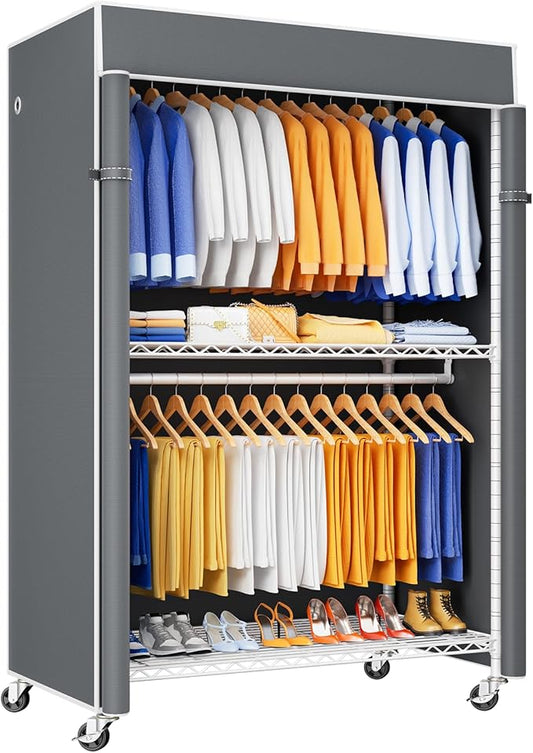 P8C Heavy Duty Clothes Rack（With Extended Width Design） Rolling Clothing Racks for Hanging Clothes with Lockable Wheels，51.2" W x 15.8" D x 80.5" H，Max Load 700LBS，White Rack with Grey Cover