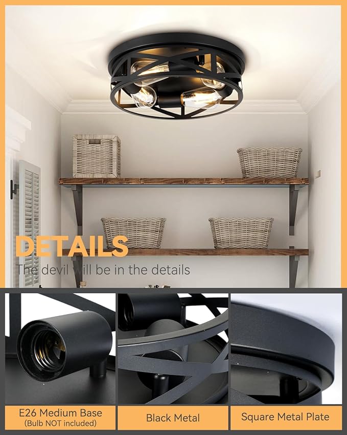 13 Inch Close to Ceiling Light Fixtures, 2 Pack Farmhouse Flush Mount Ceiling Light 4-Lights, Black Metal Cage Semi Flush Mount Ceiling Light for House Hallway Kitchen Bedroom