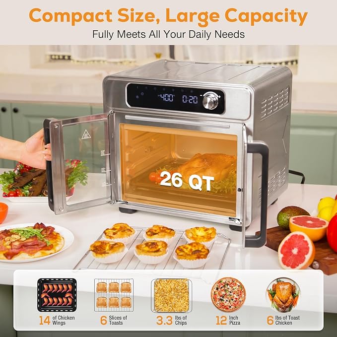 Extra Large French Door Air Fryer Toaster Oven Combo, 24 Cooking Functions and Digital Controls, 6 Accessories Included, Stainless Steel Finish, 26QT Capacity, Fits 12" Pizza, Rotisserie 6lb Chicken