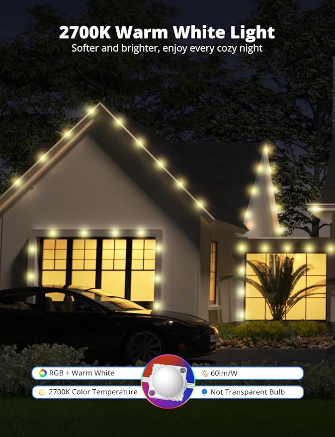 APPECK Permanent Outdoor Lights 50ft with 45 LEDs, RGB Color Changing Outdoor String Lights with 60lm Warm White, 111+ Scene Modes, APP/Voice/Remote Control, for Windows Storefront Holiday Decor