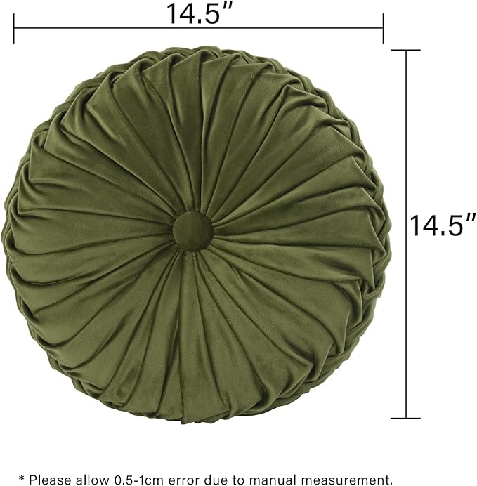 HIG Set of 2 Decorative Round Pleated Throw Pillows, Classy Accent Pumpkin Throw Pillows with Center Button, Vintage Velvet Floor Pillows for Sofa Couch Vanity Chair Bed, Olive, 14.5" Diameter(Ripple)