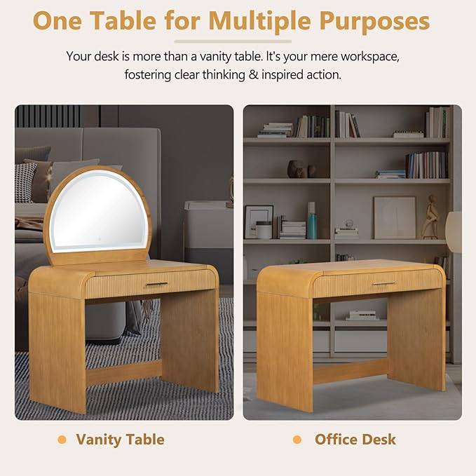 Merax 39" Make Up Vanity Desk with Touch Screen Lighted Mirror and Storage Drawer, Rubber Wood Girls Makeup Dresser Table for Bedroom, Dressing Room