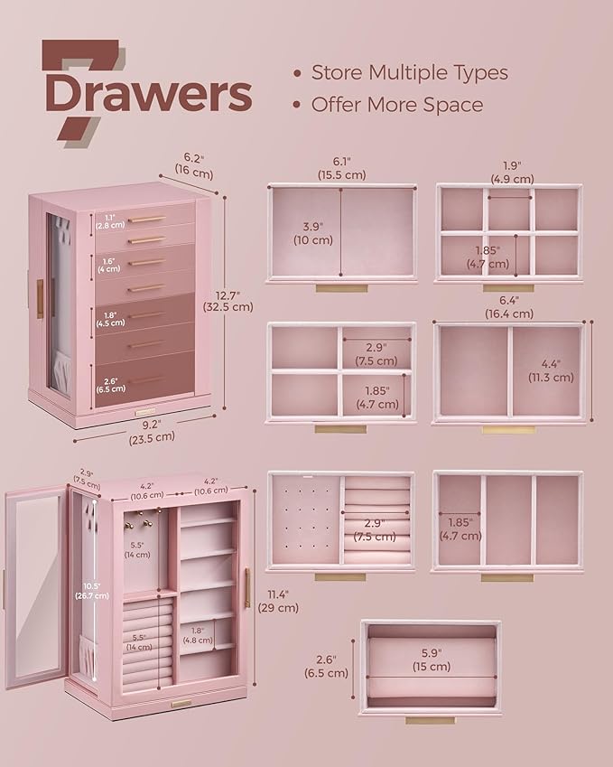360° Rotating Jewelry Box with 7 Drawers, Spacious Vertical Jewelry Organizer with Glass Window, Jewelry Storage Case, Dustproof & Moisture-resistant Design, Pink