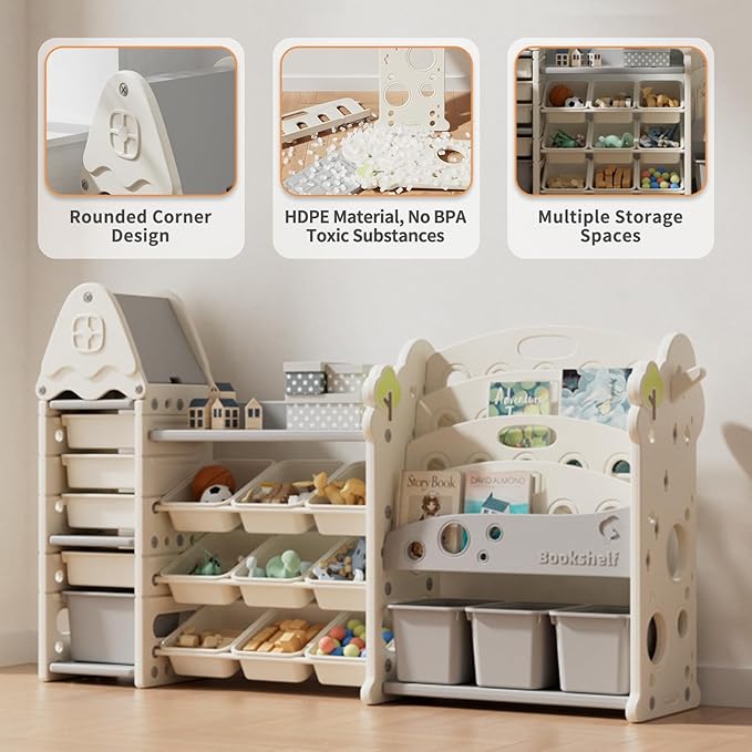 Kids Toy Storage Organizer with 17 Removable Bins, 4-Tier Bookshelf for Kids, Multi-Purpose Castle-Shaped Toy Organizer for Playroom, Bedroom, Nursery, Living Room (Beige)