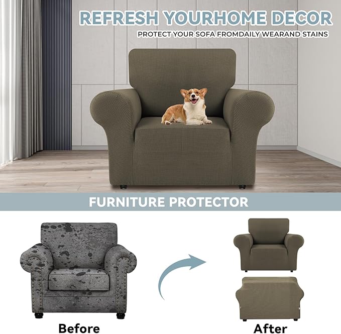 LURKA Stretch Chair Sofa Slipcovers 1 Piece Couch Covers for Sofa Furniture Protector Full Sofa Covers with Elastic Bottom for Kids and Dog (Small, Khaki)
