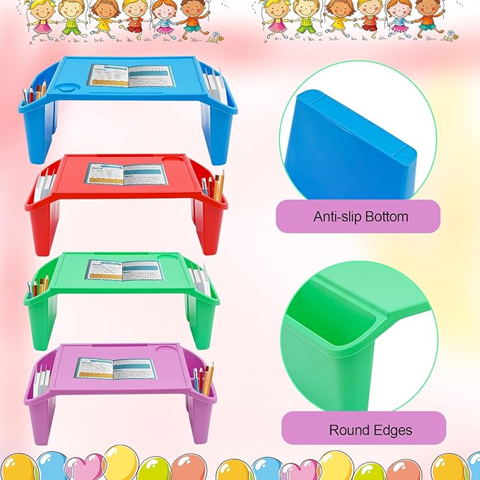 Set of 4 Kids Lap Desk Tray, Portable Activity Table, Plastic, Stackable for Drawing, Writing, Eating, Classroom, 21.65" L x 11.8" W x8.46 H, Multicolor