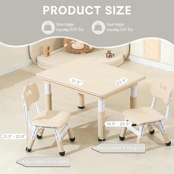 Kids Table and Chairs, Height-Adjustable Toddler Table and Chair Set with 31.5''Lx23.6''W Graffiti Desktop, Table Chair for Ages 3-8, Childrens Table and Chair Set for Daycare with 2 Chairs