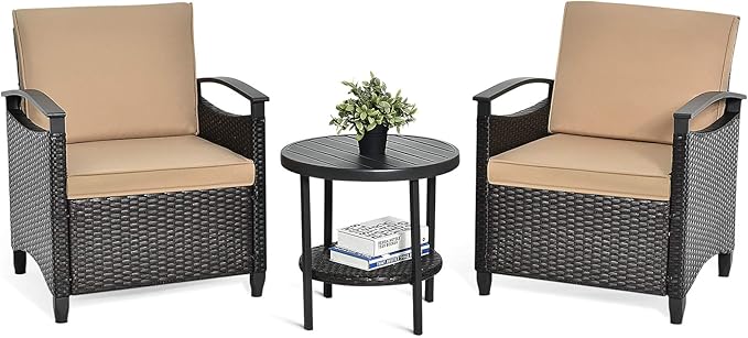 Tangkula 3 Piece Rattan Sofa Set, Patio Conversation Bistro Set w/Coffee Table, Seat and Back Cushions, Sturdy Steel Frame, Outdoor Furniture Set for Garden, Backyard, Balcony, Poolside