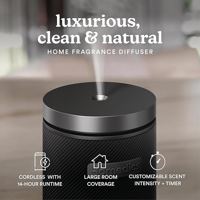 Homedics SereneScent Fabric Rechargeable Waterless Diffuser, Use with Homedics SereneScent Oil 120ml (Sold Separately) Cordless Aromatherapy, Adjustable Mist & Timer, 6 Calming Lights, Black