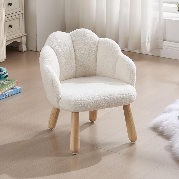 Toddler Chairs, Kid Chairs with Solid Wooden Frame, Toddler Armchair Comfy, Upholstered Kids Chair with Flower Back, Kid Sofa, Toddler Couch for Playroom, Kindergarten & Preschool, White