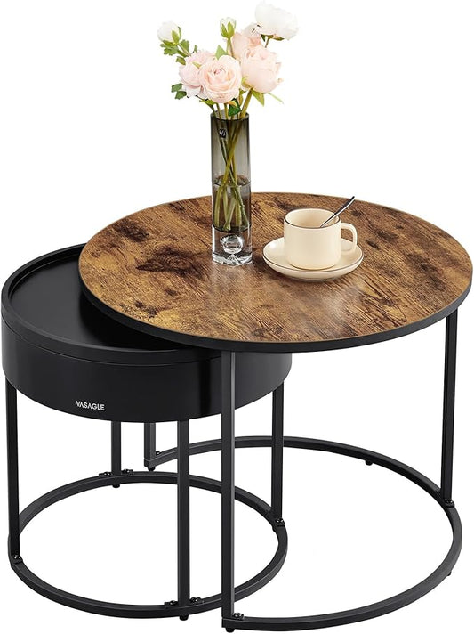 VASAGLE Round Coffee Tables, Set of 2 Nesting Tables, Modern Round Side Tables with Hidden Storage and Top Tray, for Living Room, Bedroom, Office, Rustic Brown and Ink Black ULCT044K01