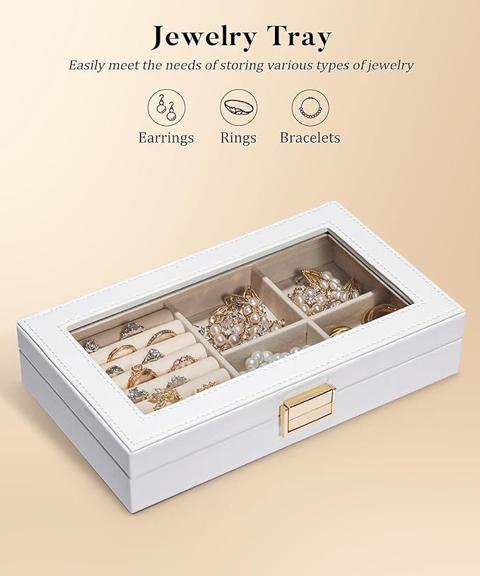Homde Jewelry Tray Stackable Jewelry Box with Glass Lid, Removable Dividers for Vanity Table Gift Idea for Girls and Women (White)