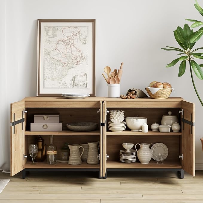 WAMPAT 3 PCS Modern 72" Tall Bookcases with Metal Base and Adjustable Shelves, Library Book Shelf with Storage Cabinet and Open Book Shelfs, Wood Bookshelves for Home Office, Living Room, Oak