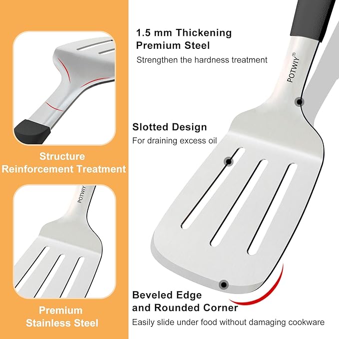 2 Pcs Stainless Steel Spatula Set, 11.3 x 3.1In Metal Spatulas for Kitchen Use, Cast Iron Skillet Cooking, Solid and Slotted Turner with Heat Resistant Handle, Flipper for Steak, Eggs, Burgers