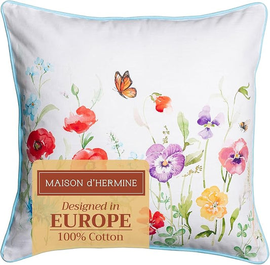 Maison d' Hermine Decorative Pillow Cover 100% Cotton 18 Inch x 18 Inch Square Toile Washable Cushion Covers with Invisible Zipper for Couch, Bedroom, Home, Summer Whisper