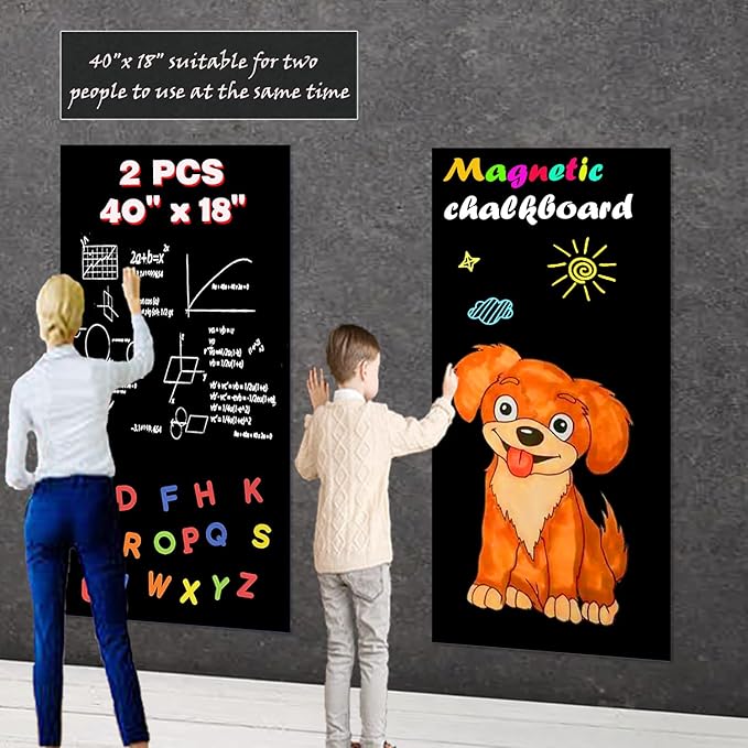 2 Pcs Magnetic Chalkboard Contact Paper for Wall 40"x18" Self Adhesive Magnetic Blackboard Sticker with 53 Magnet Letter for Kids, Black Chalk Board Wallpaper Roll Magnet Bulletin Board