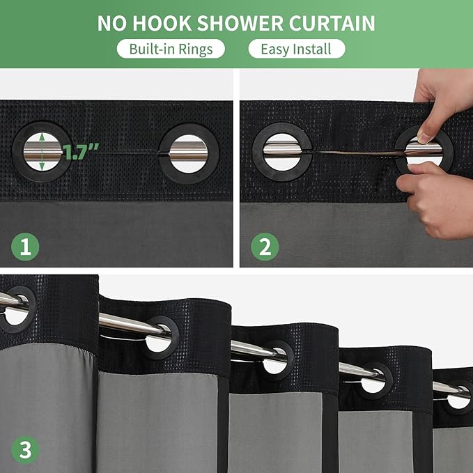 Black No Hook Shower Curtain with Snap-in Fabric Liner Set,Waffle Weave Shower Curtains for Bathroom,Hotel Luxury Decor Bathroom Curtain Set,Waterproof & Washable,71Wx74H