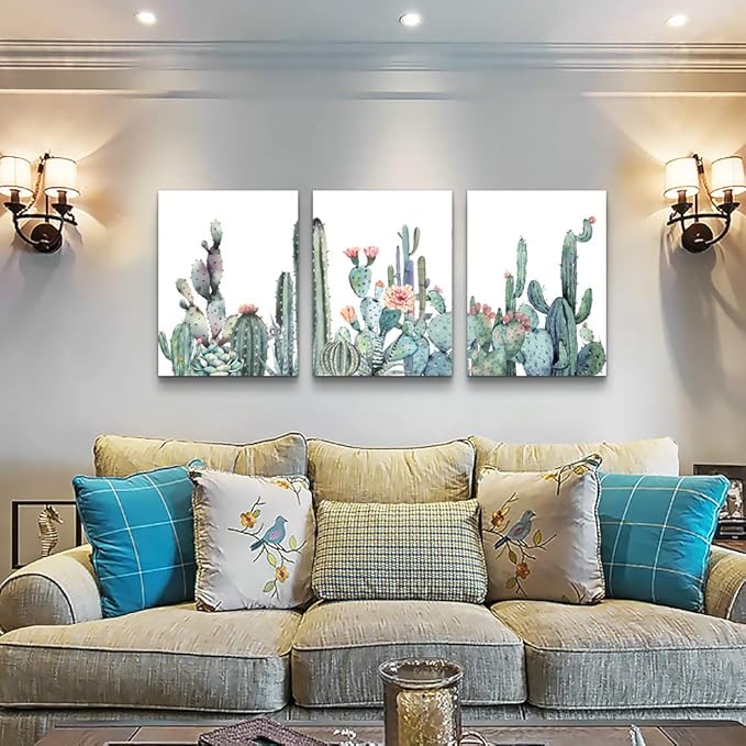 Canvas Wall Art for bedroom living room Canvas Prints Artwork bathroom Wall Decor Green plants cactus flower watercolor painting 16" x 24" 3 Pieces modern Framed Ready to hang Office Home Decoration