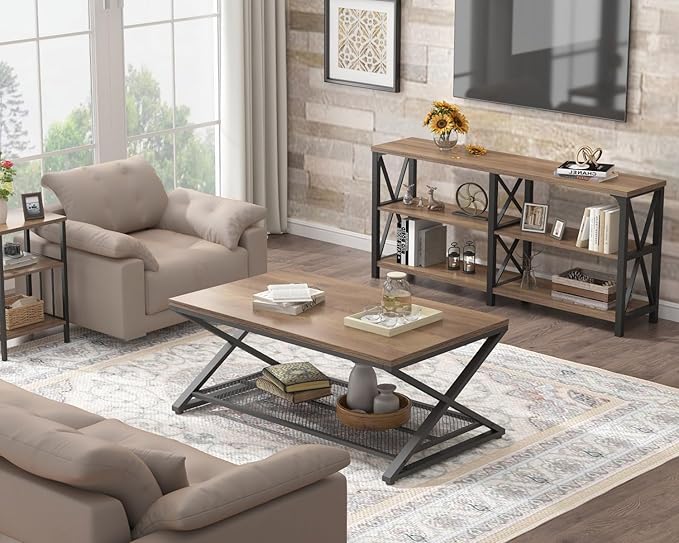 LVB Wood Coffee Table, Metal Wooden Living Room Table with Storage, Industrial 2 Tier Cocktail Tea Table with Mesh Shelf, Farmhouse Rectangular Low Middle Tables for Office Bedroom, 39 inch Rustic Oak